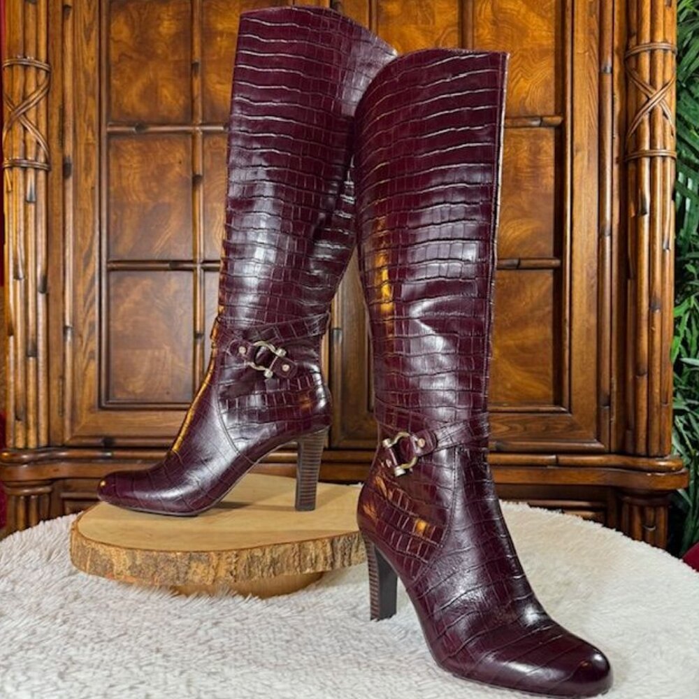 Jones New York Horsebit Wine Genuine Leather Croc Embossed Equestrian Tall Boot